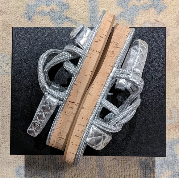 šSOLD CHANELš¤©20S CC Lambskin Cord Rope Logo Dad Sandals in Silver Sz 39 - Picture 7 of 16